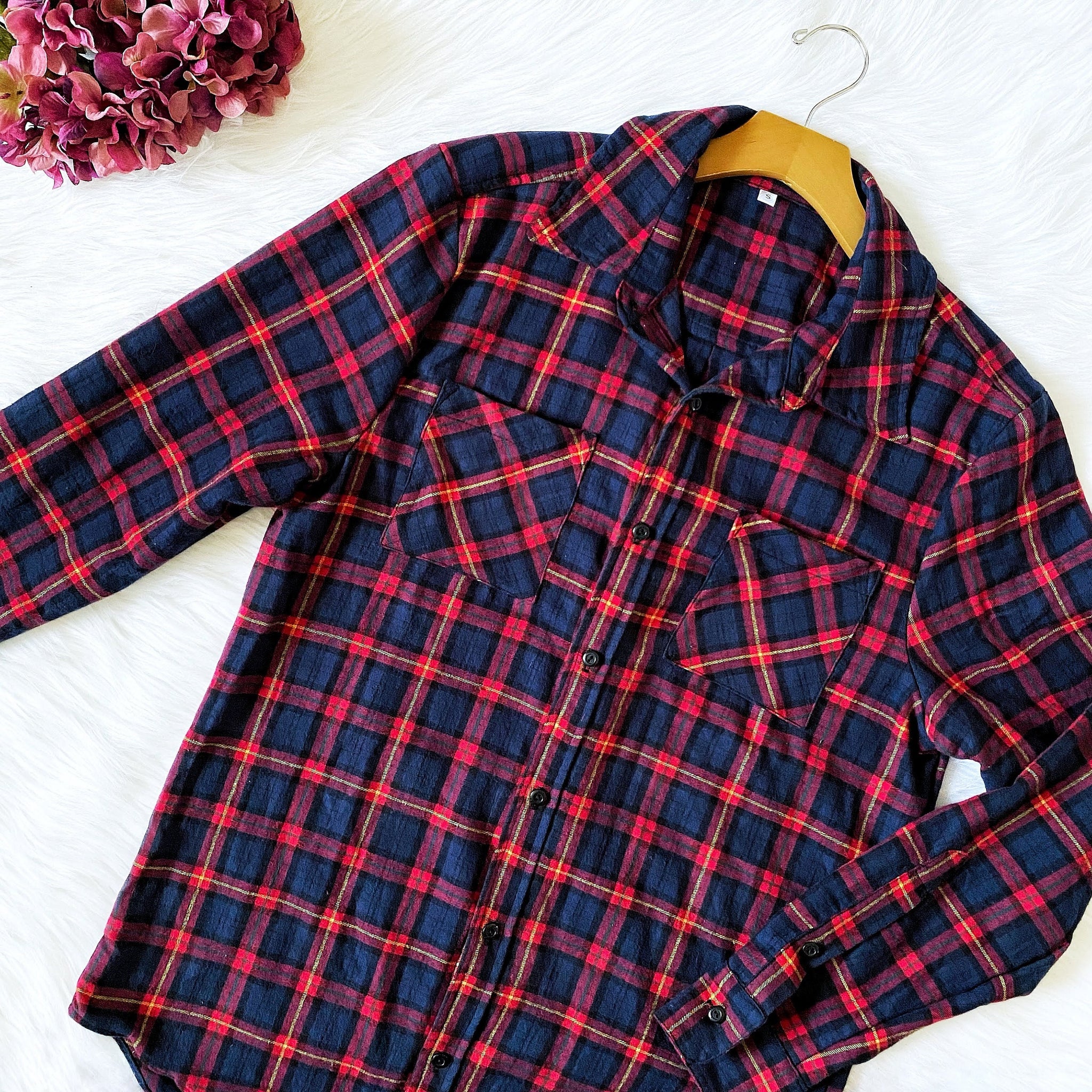 Casualwear Navy Red Flannel Top Plaid Button Up Adult Shirt