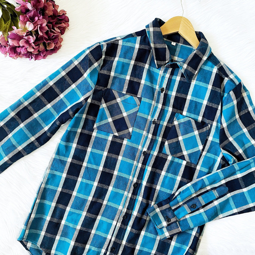 Teal Black Long Sleeve Unisex Button Up Plaid Flannel Adult Shirt