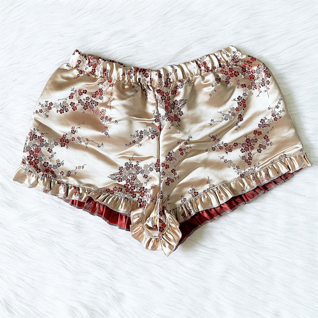 Champagne Floral Red Embroidery Satin Ruffle Trim Shorts