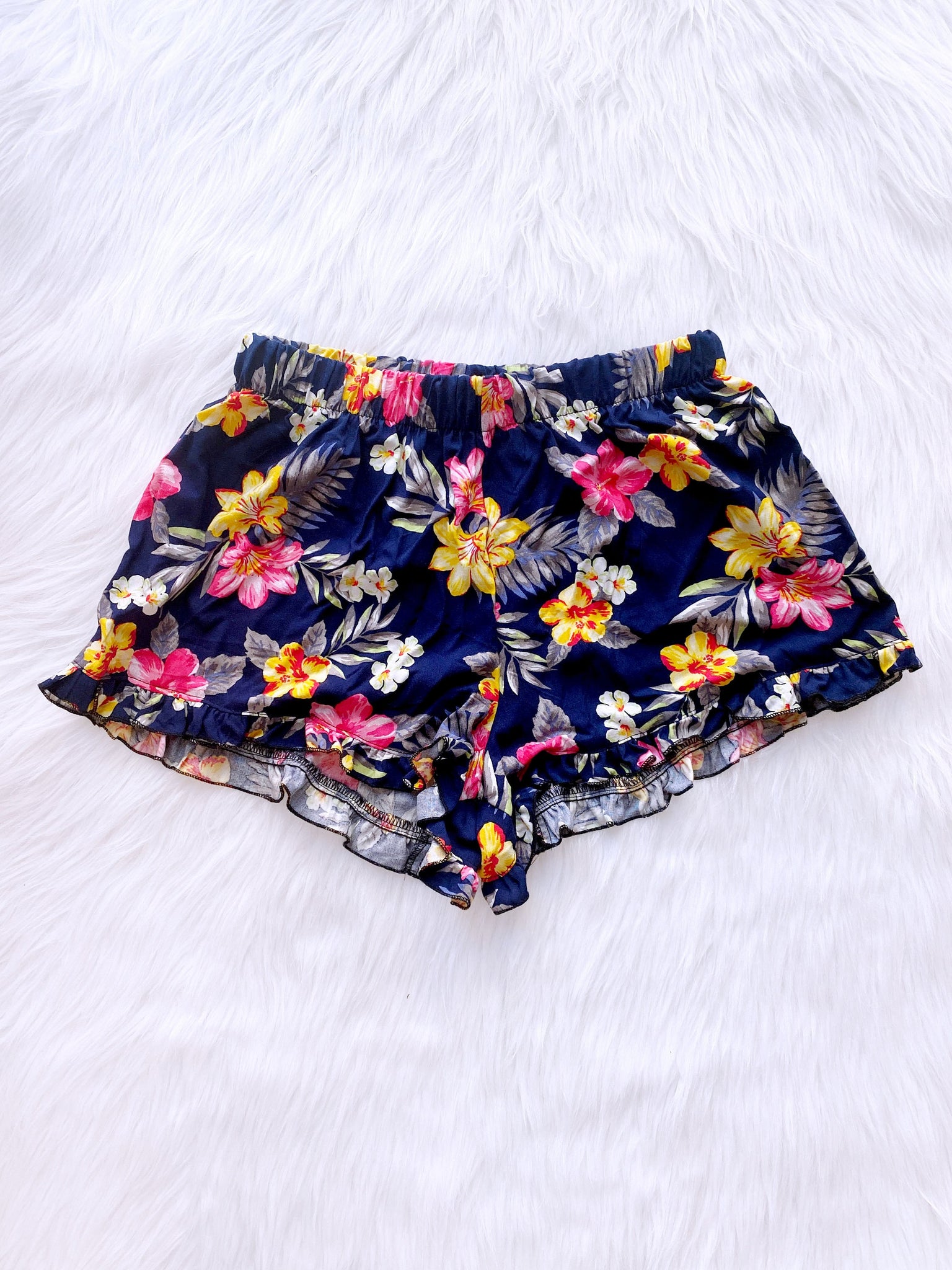 Yellow Floral Hawaiian Pattern Ruffle Adult Shorts