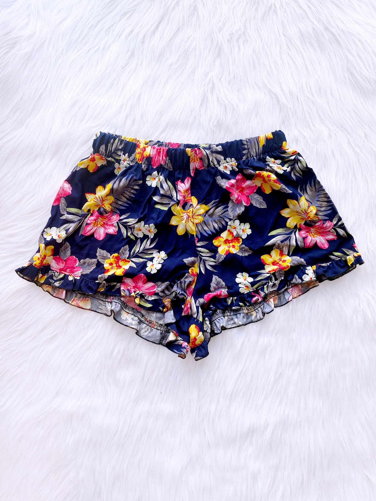 Summer Tropical Red Floral Ruffle Adult Hawaiian Shorts