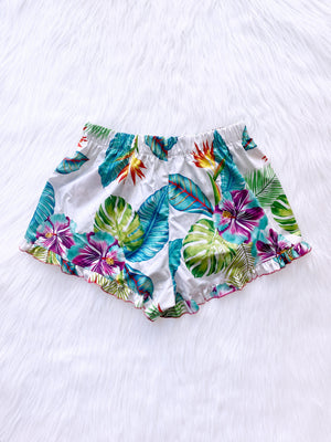 Black Hawaiian Tropical Pattern Ruffle Shorts Plant Shorts Adult