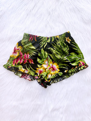 Black Hawaiian Tropical Pattern Ruffle Shorts Plant Shorts Adult