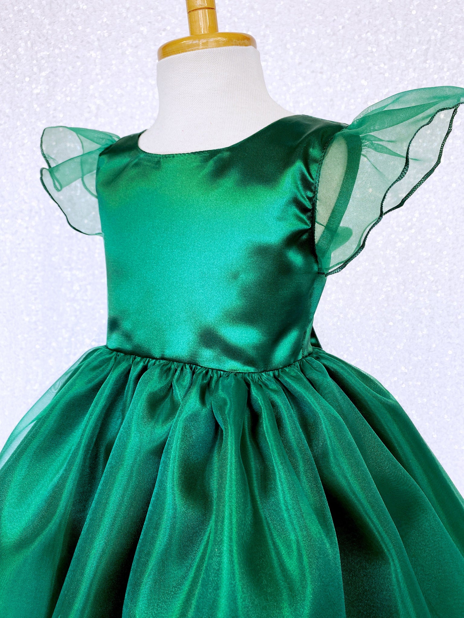 Knee Length Hunter Green Satin Organza Cap Sleeve Dress