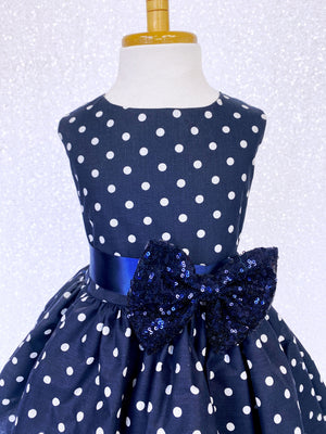 Knee Length Navy White Polka Dot Dress