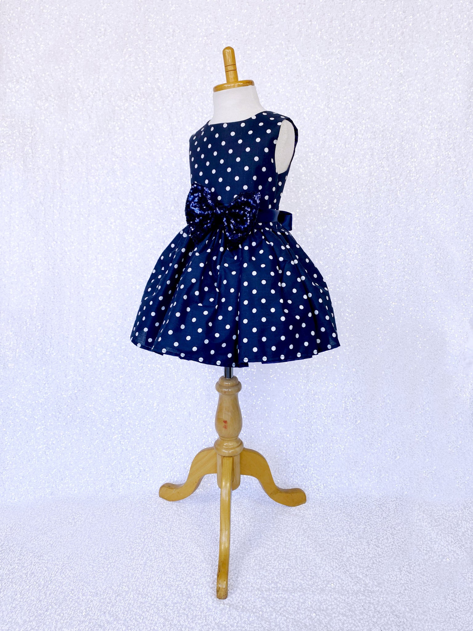 Knee Length Navy White Polka Dot Dress