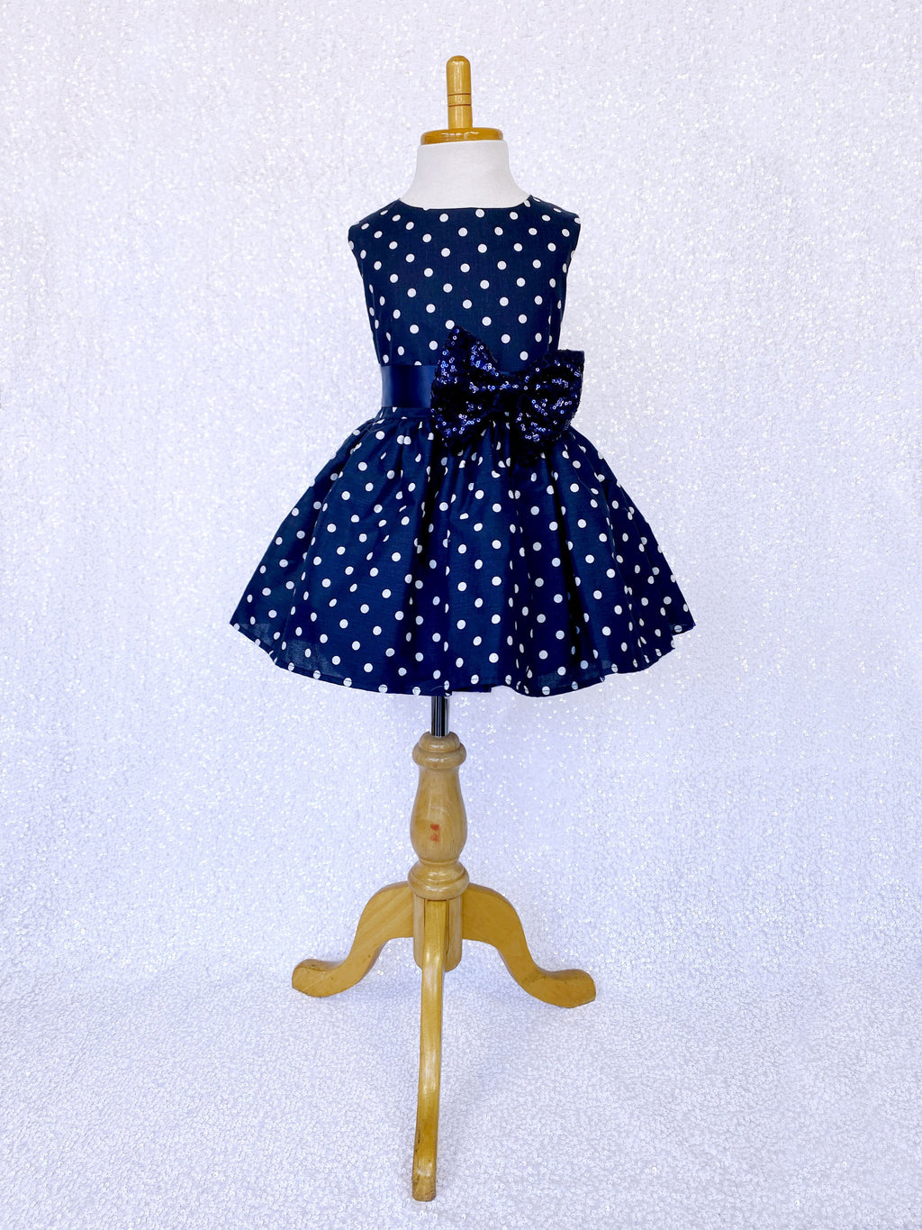 Knee Length Navy White Polka Dot Dress