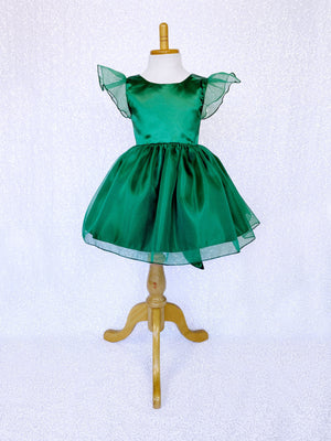 Knee Length Hunter Green Satin Organza Cap Sleeve Dress