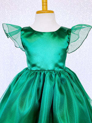 Knee Length Hunter Green Satin Organza Cap Sleeve Dress