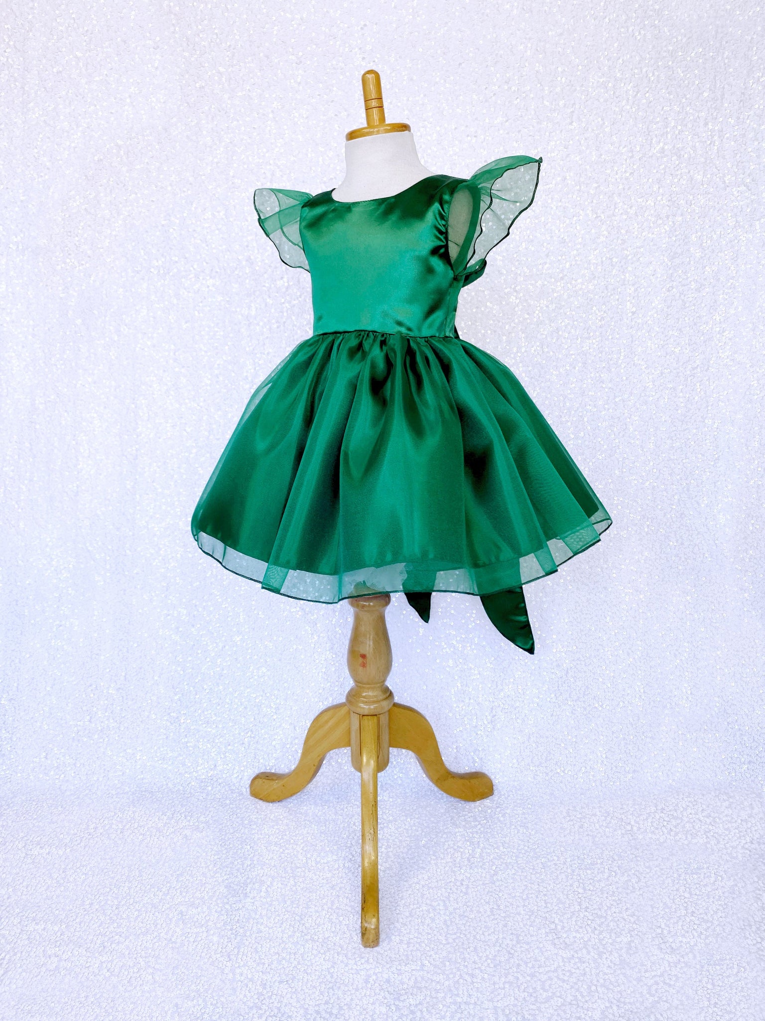 Knee Length Hunter Green Satin Organza Cap Sleeve Dress