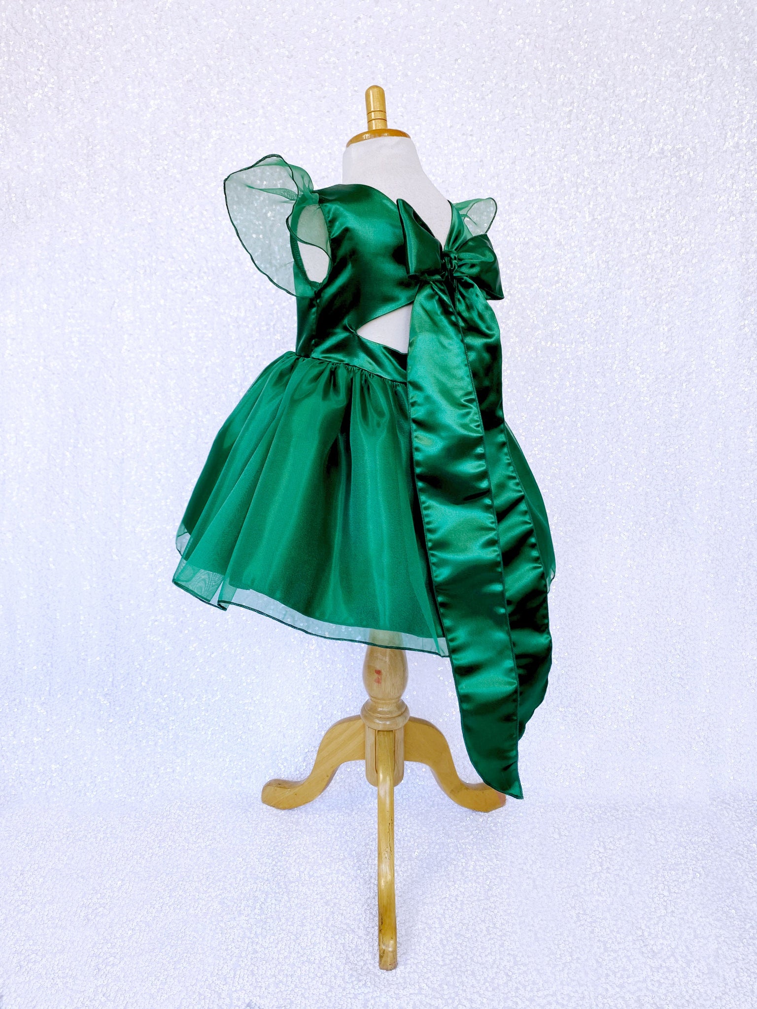 Knee Length Hunter Green Satin Organza Cap Sleeve Dress