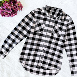 Unisex Flannel Plaid White Black Long Sleeve Cotton Adult Shirt