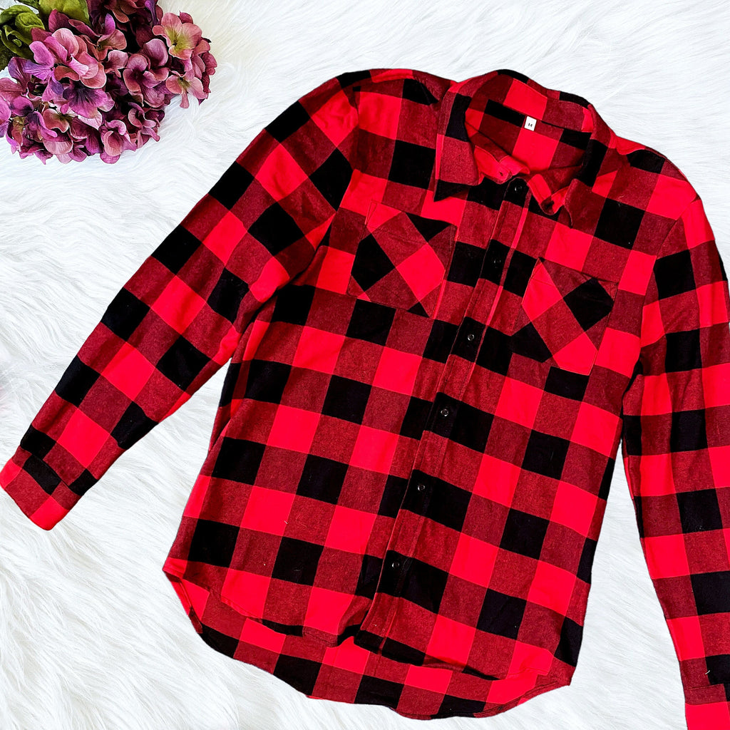 Long Sleeve Red Black Buffalo Plaid Flannel Cotton Shirt Unisex