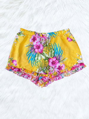 Yellow Floral Hawaiian Pattern Ruffle Adult Shorts