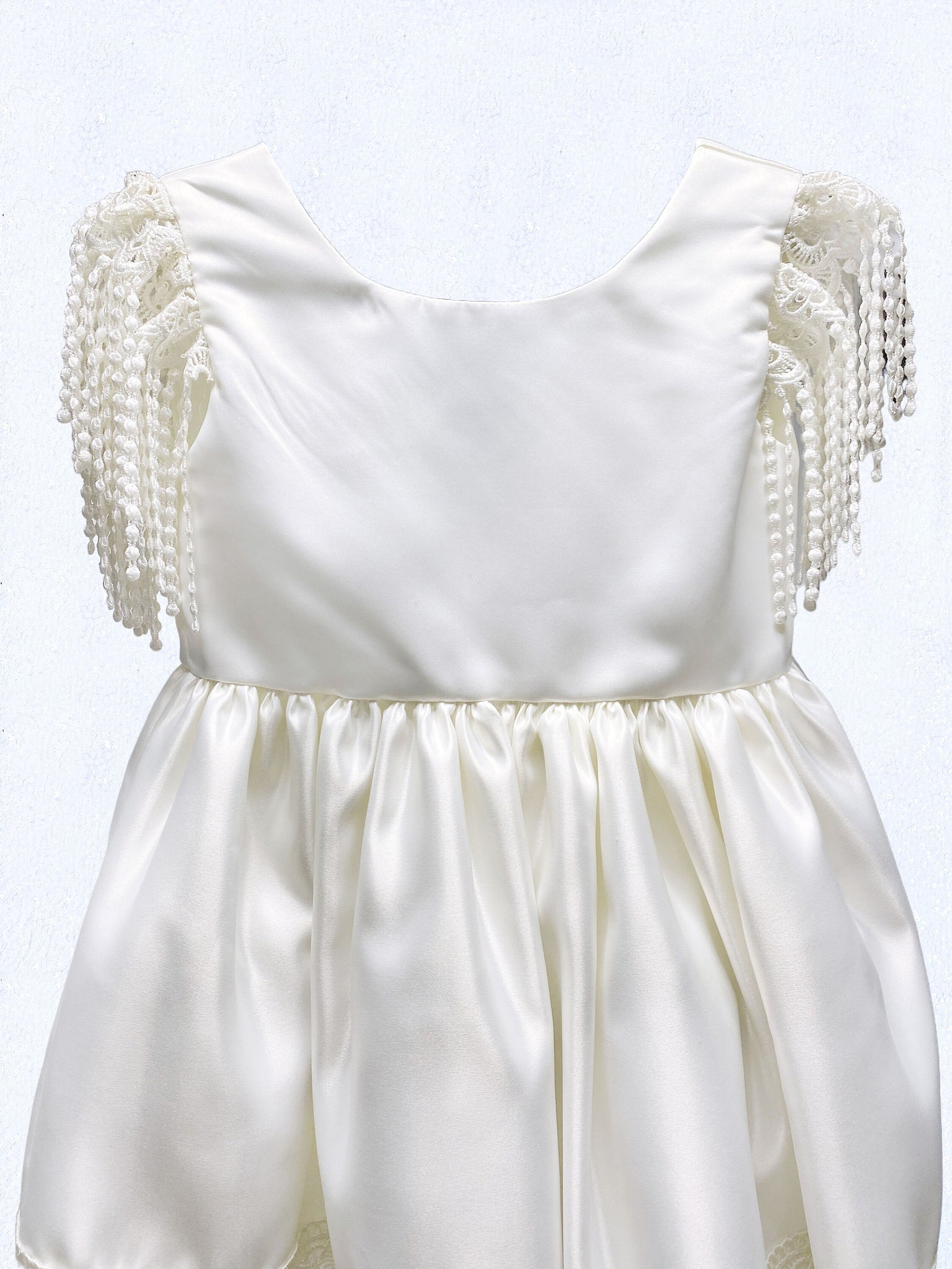 Off White Ivory V-Back Knee Length Tassel Hem Dress