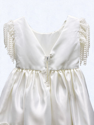 Off White Ivory V-Back Knee Length Tassel Hem Dress