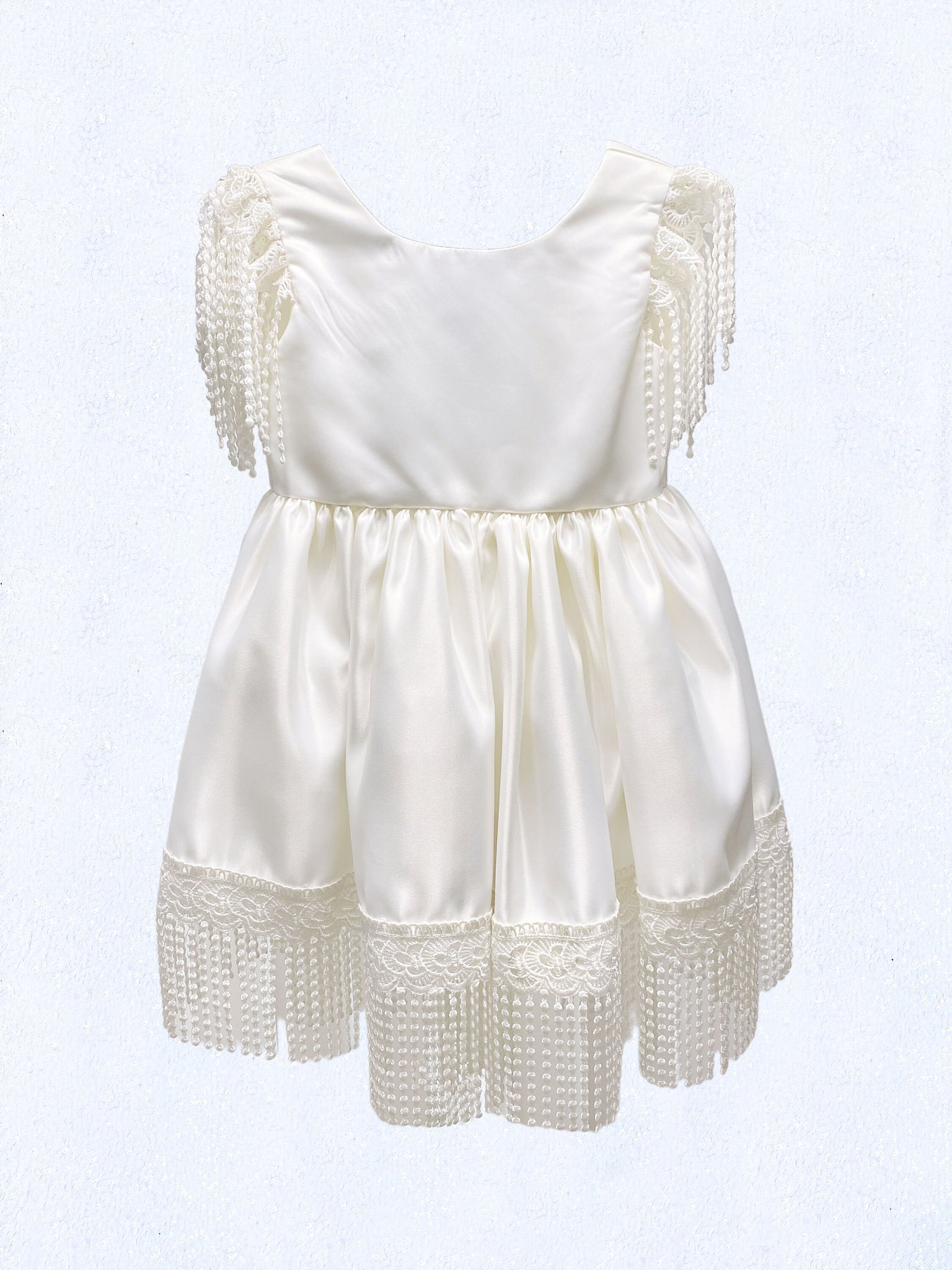 Off White Ivory V-Back Knee Length Tassel Hem Dress