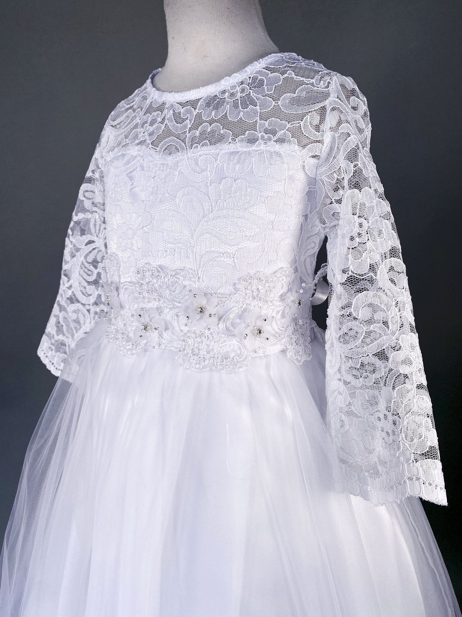 Long Sleeve Lace 2 Layer Tulle White Dress