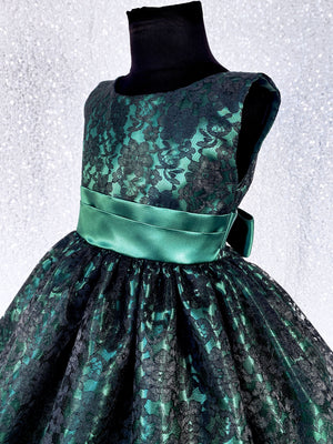 V-Back Hunter Green Black Floral Lace Knee Length Dress