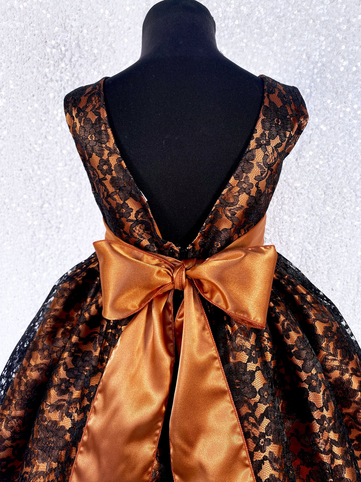 Rust Orange V-Back Black Floral Lace Knee Length Dress