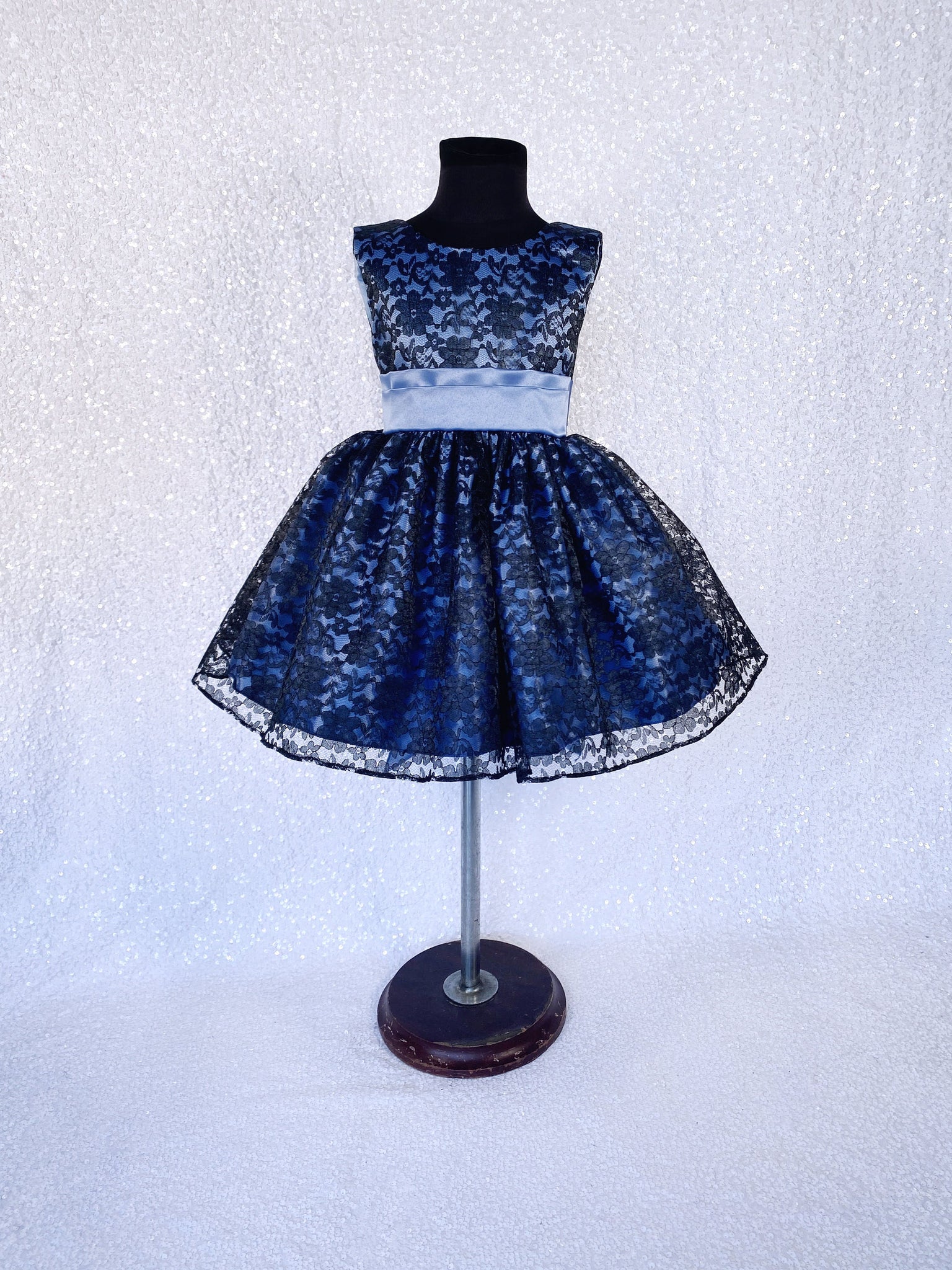 Steel Blue Sleeveless Black Floral Lace Knee Length Dress