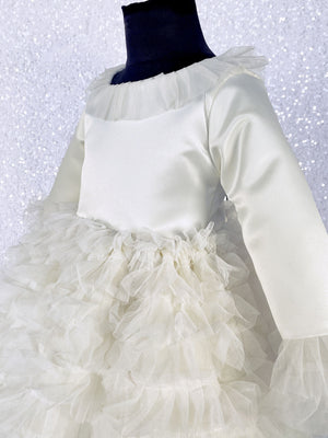 Ivory Knee Length Long Sleeve Tulle Ruffle Dress