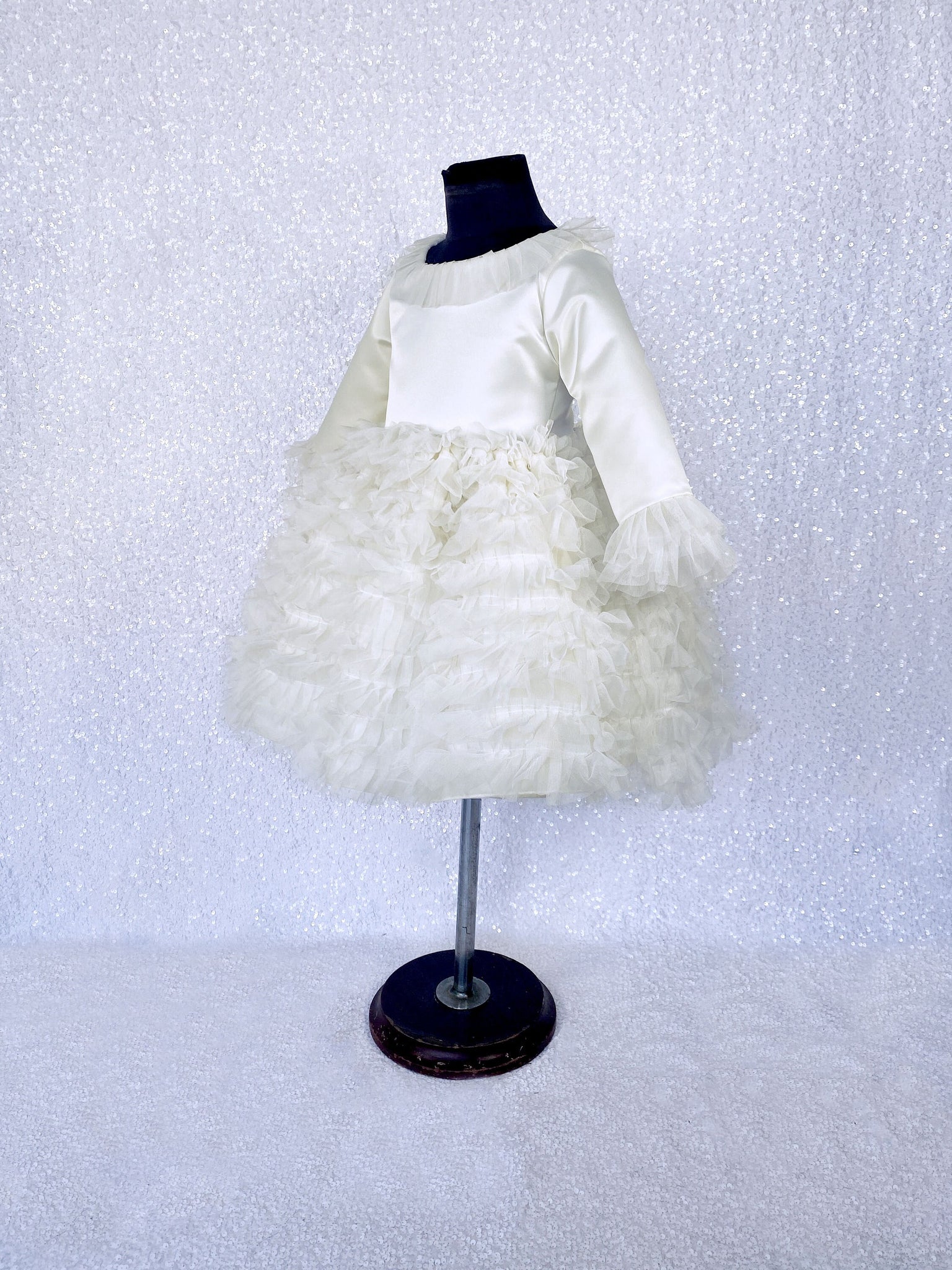 Ivory Knee Length Long Sleeve Tulle Ruffle Dress