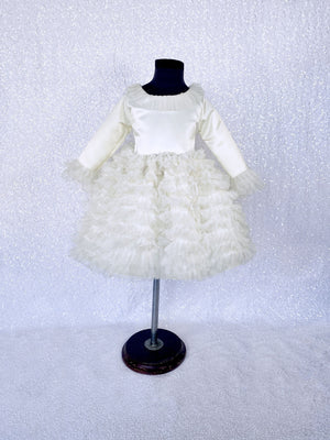 Ivory Knee Length Long Sleeve Tulle Ruffle Dress