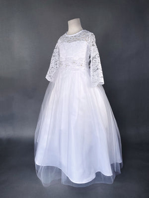 Long Sleeve Lace 2 Layer Tulle White Dress