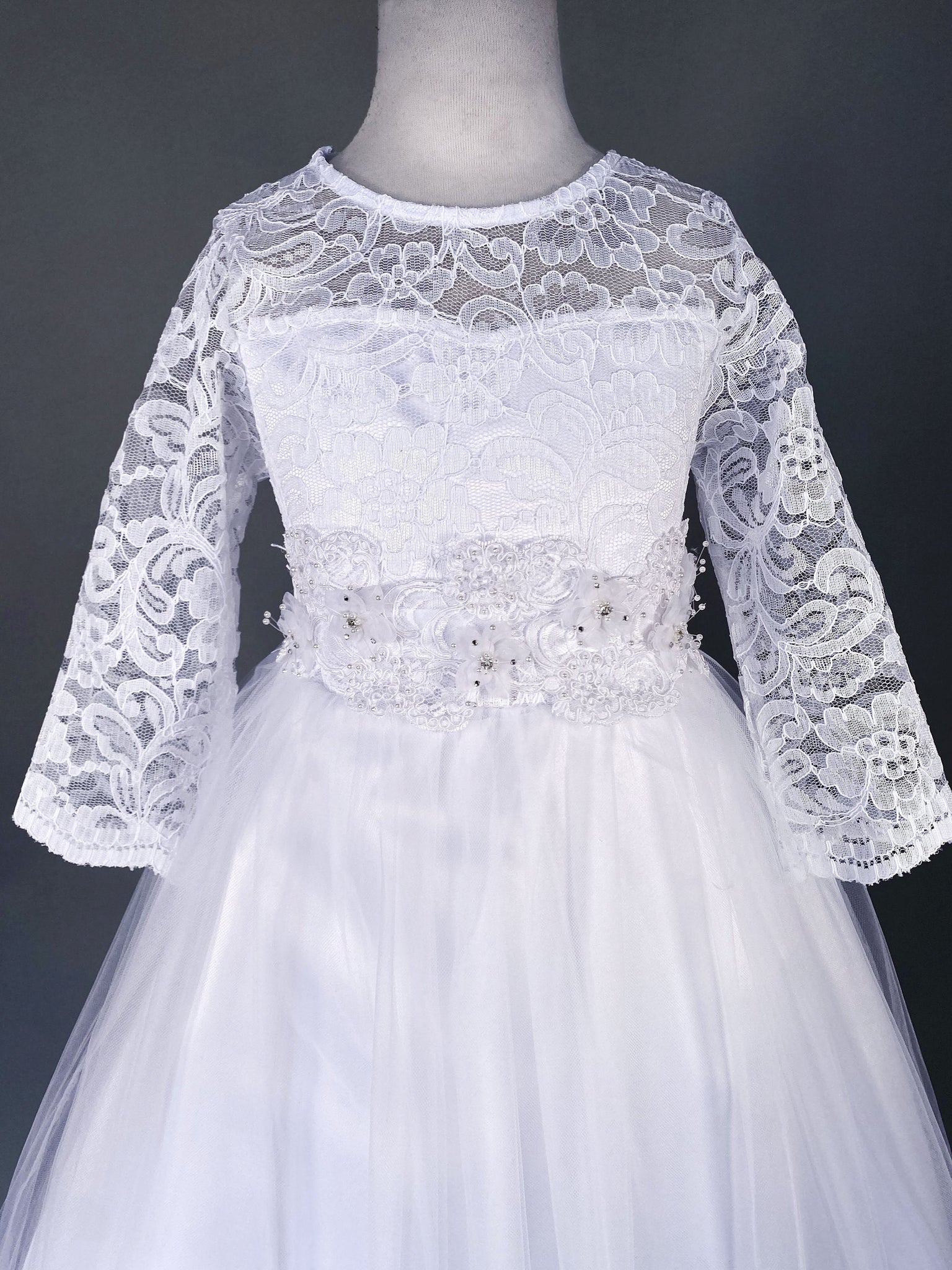 Long Sleeve Lace 2 Layer Tulle White Dress