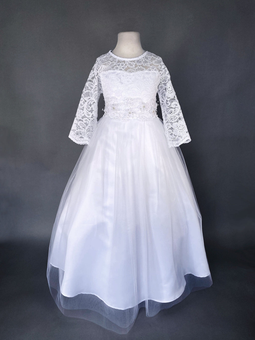 Long Sleeve Lace 2 Layer Tulle White Dress