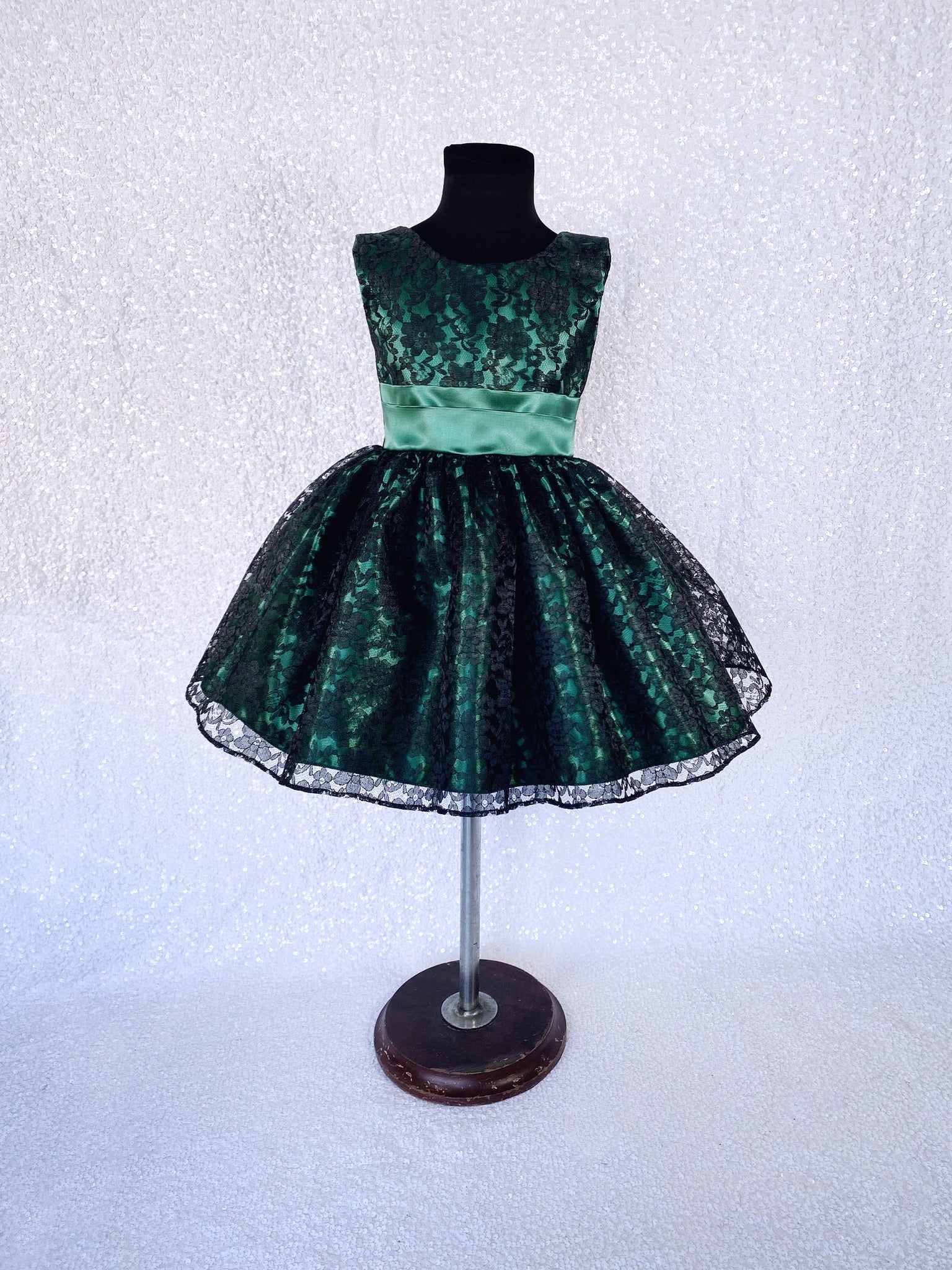 V-Back Hunter Green Black Floral Lace Knee Length Dress