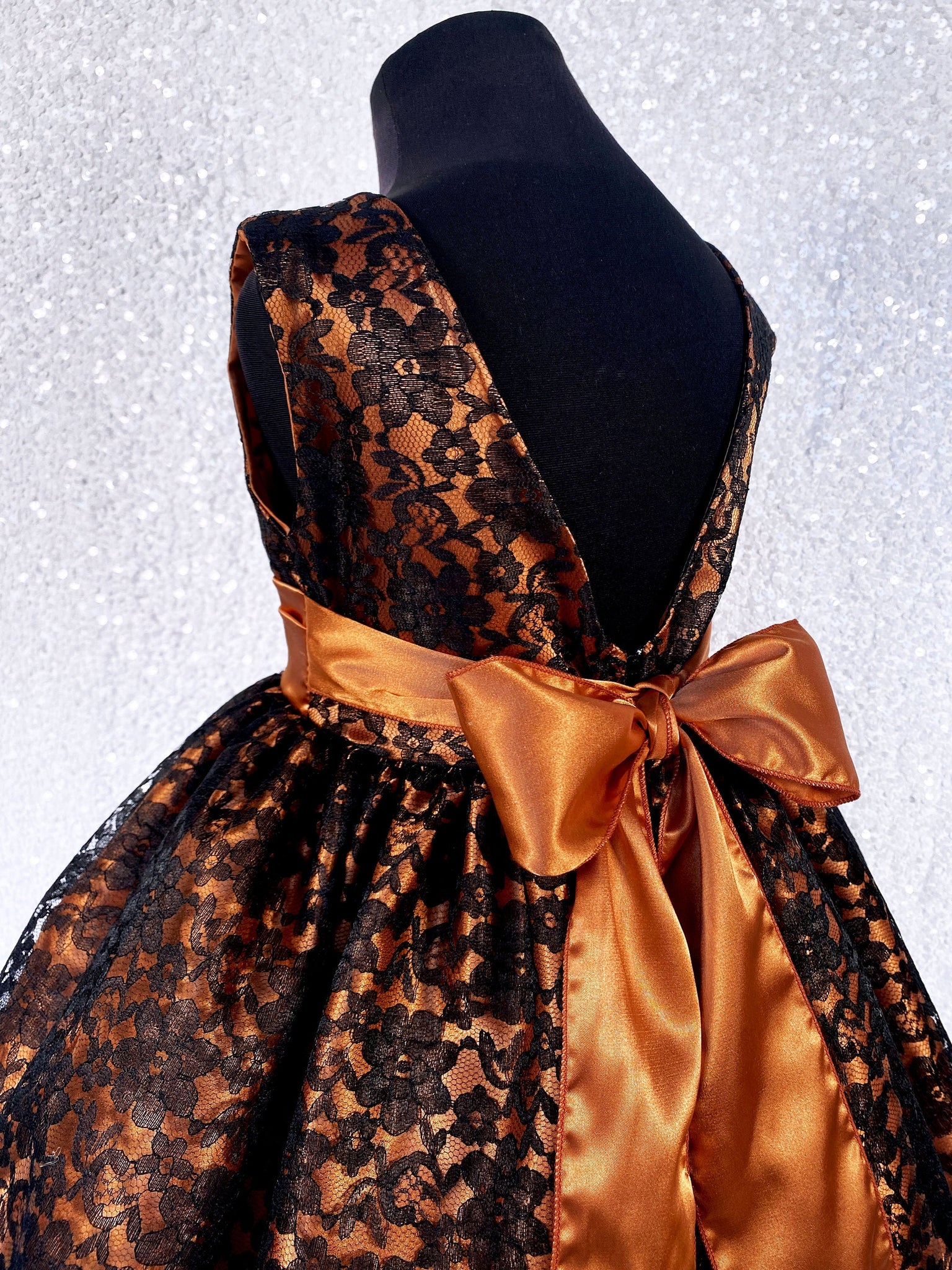 Rust Orange V-Back Black Floral Lace Knee Length Dress