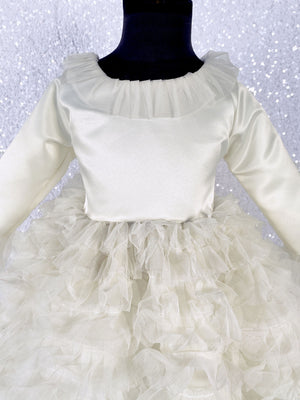 Ivory Knee Length Long Sleeve Tulle Ruffle Dress