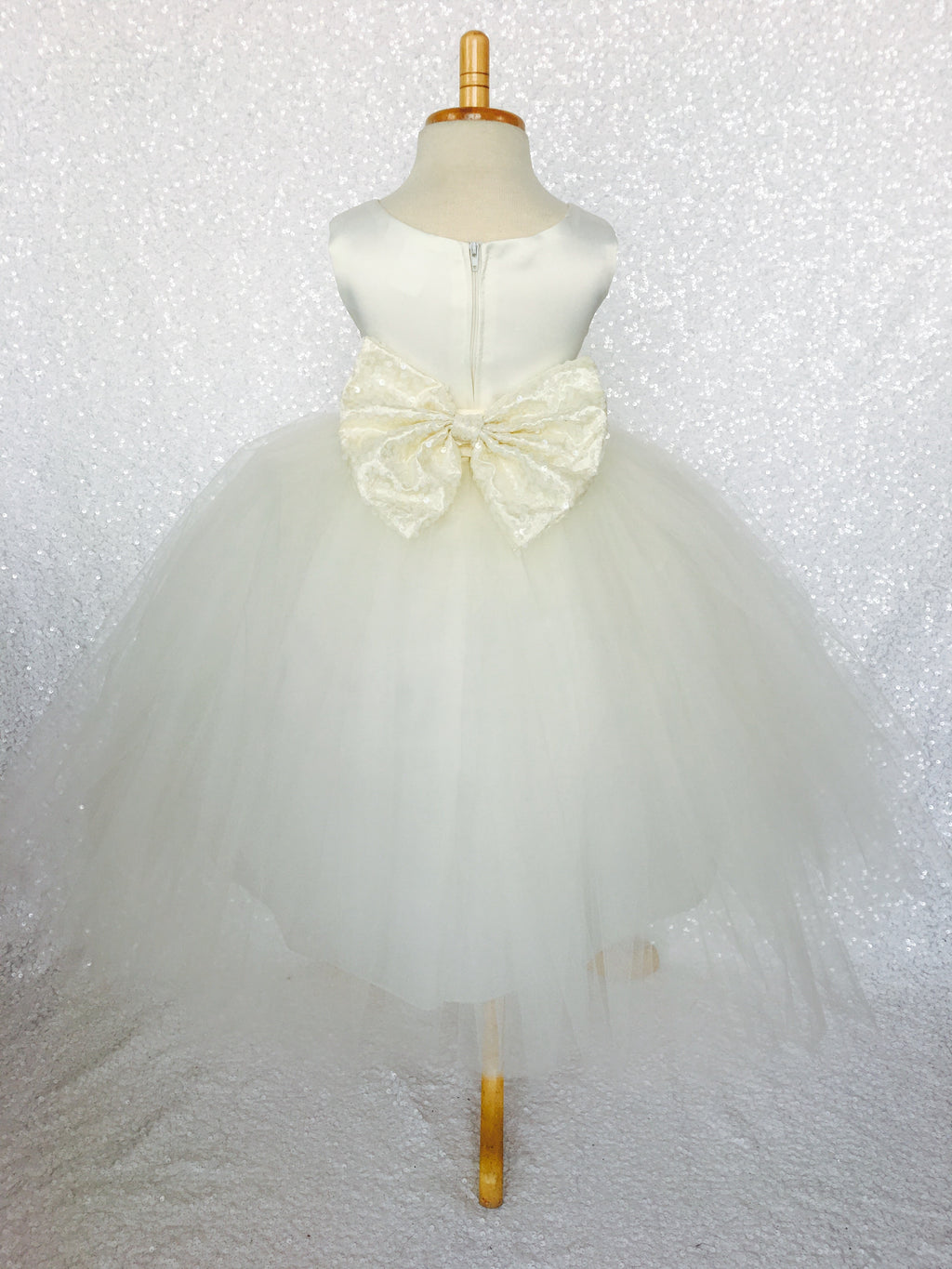 Sleeveless Ivory 4 Layer Tulle Princess Dress Sequin Bow Ribbon