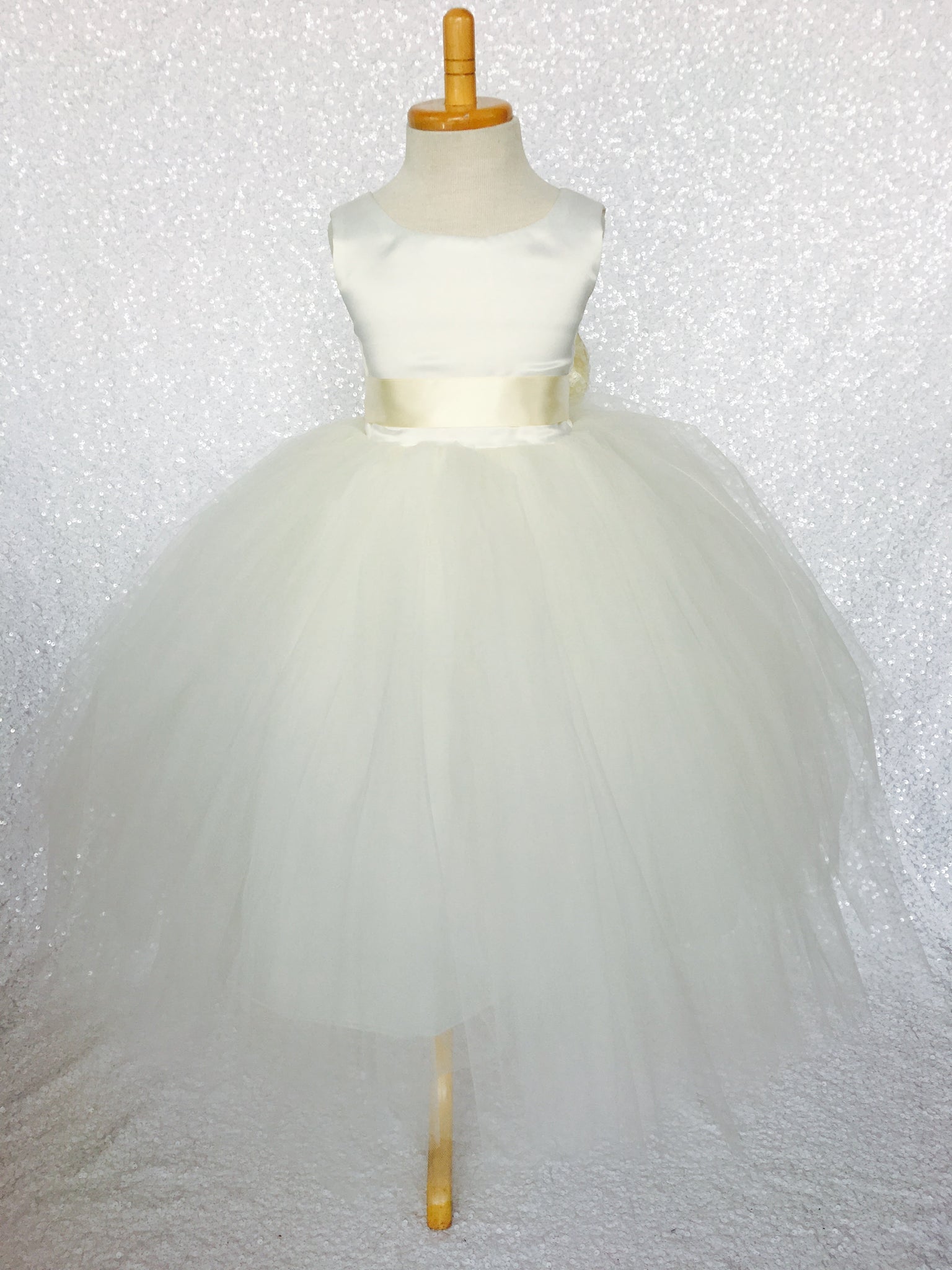 Sleeveless Ivory 4 Layer Tulle Princess Dress Sequin Bow Ribbon