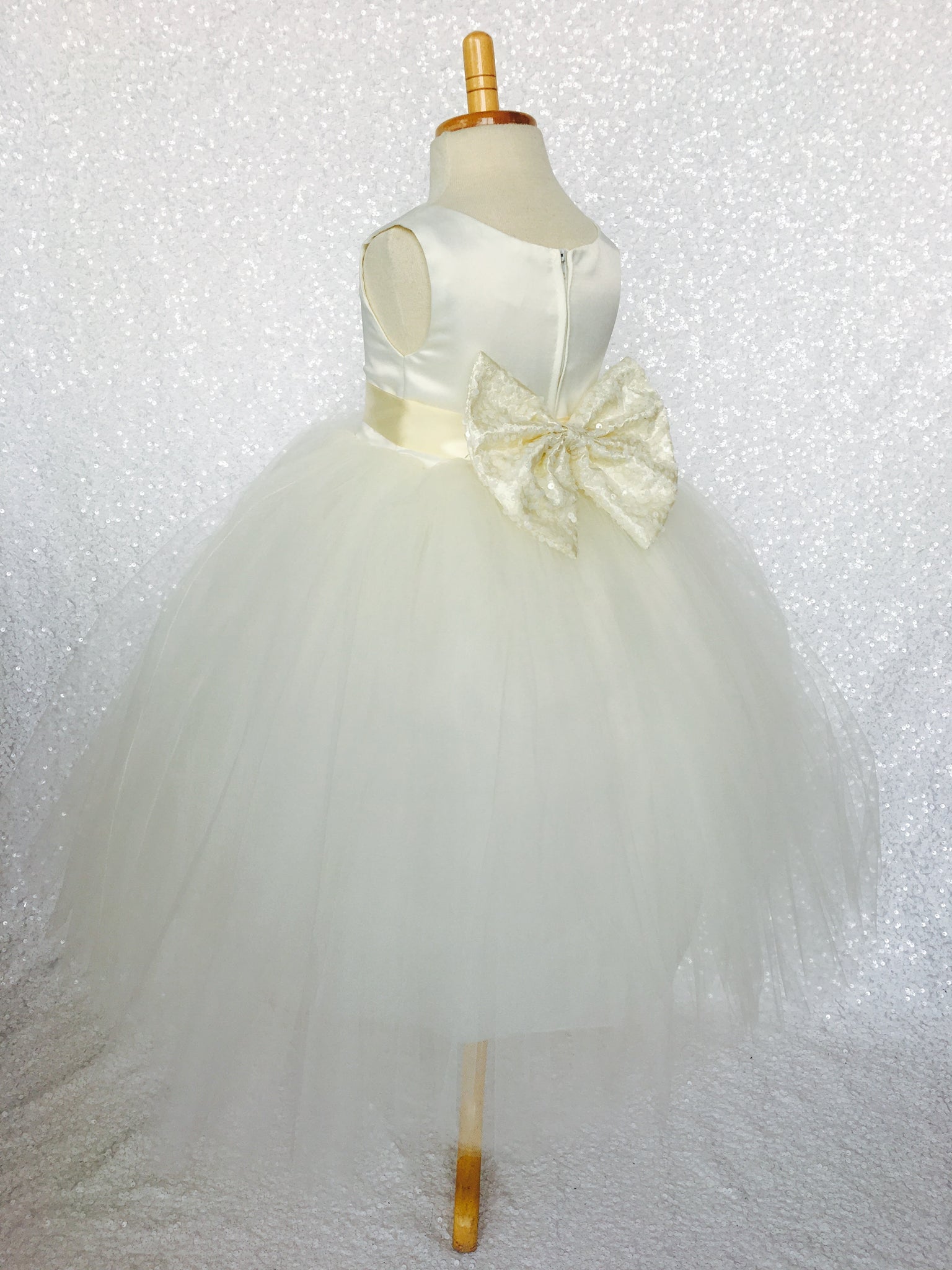 Sleeveless Ivory 4 Layer Tulle Princess Dress Sequin Bow Ribbon